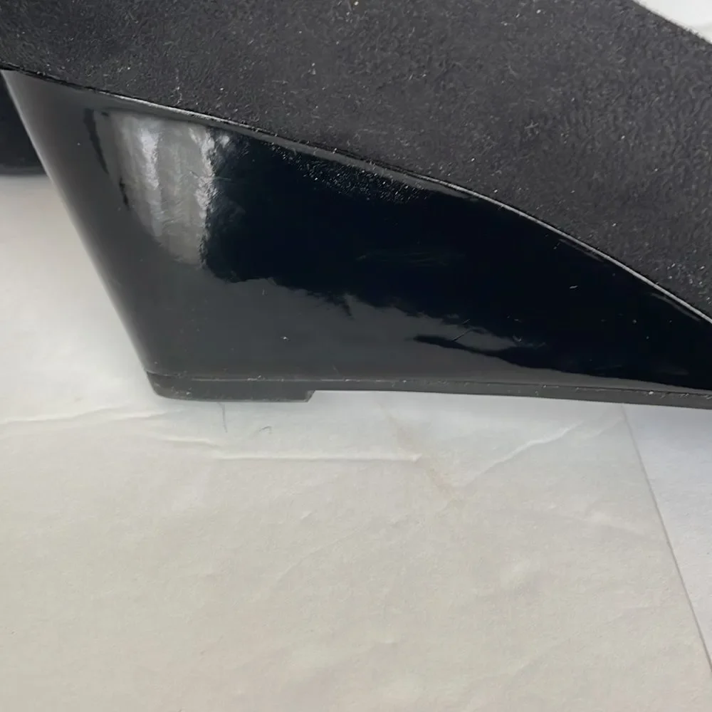 ‎BLACK SUEDE PEEP TOE WEDGE, Sz 10